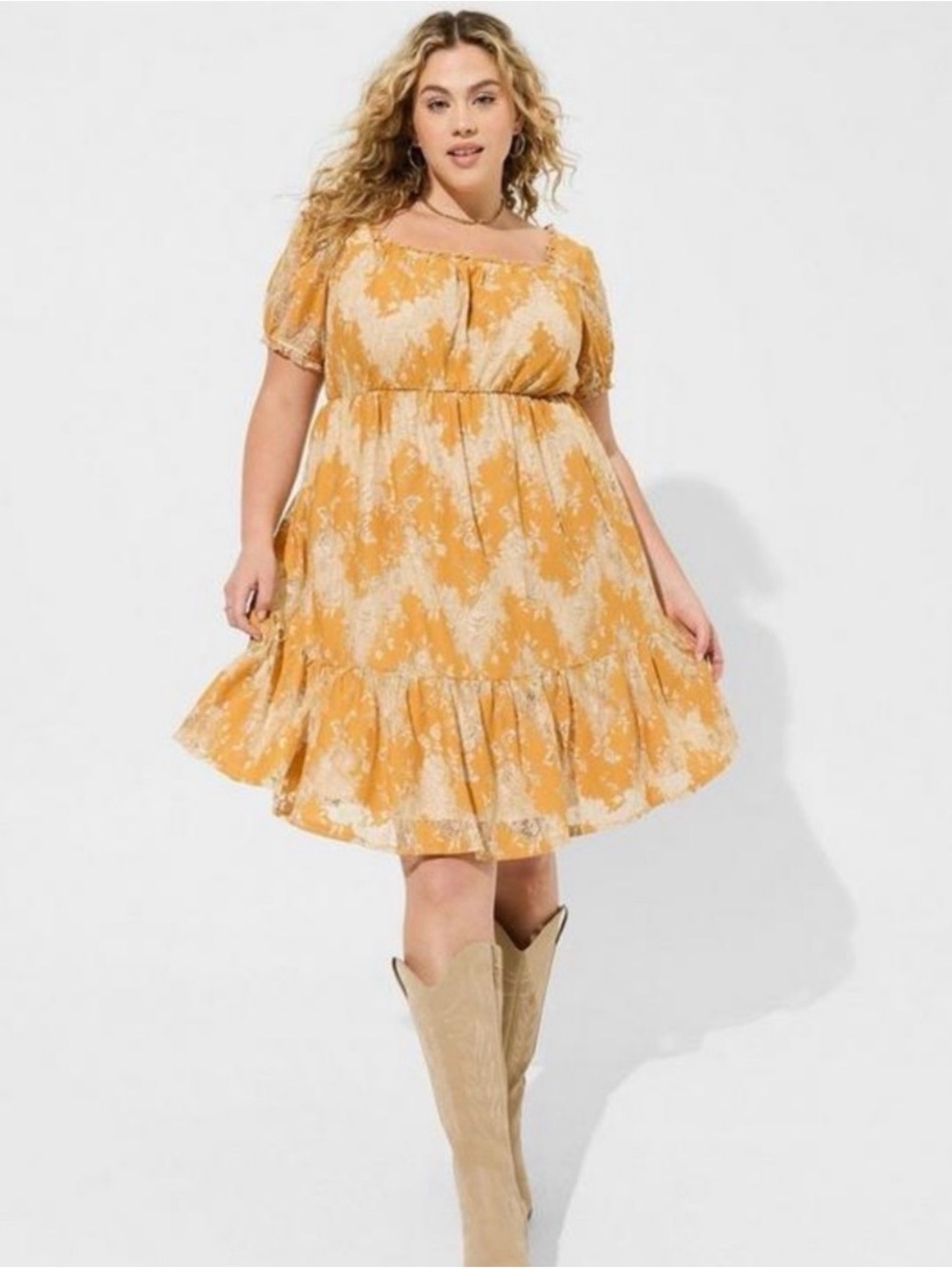 Yellow Floral Puff-Sleeve Midi Dress Sz L